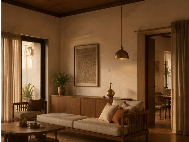 Warm-lit contemporary living room in evening light, oak and lime-washed plaster, Pravah residence, Pune.