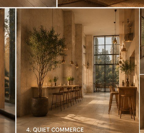 Hospitality interior in soft daylight, warm stone and aged brass detail.