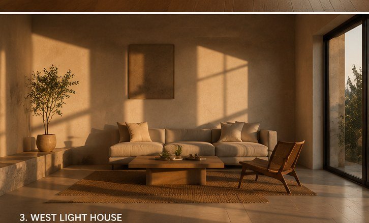 Living space with low warm western light across plaster walls, West Light House.